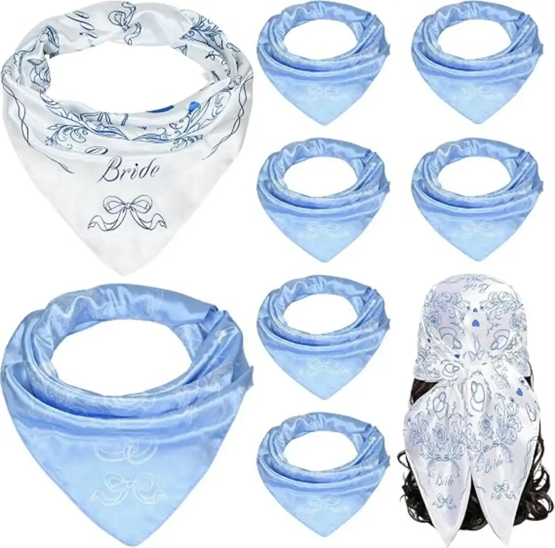 8 Pack Blue and White Silk Bride Bandanas Bachelorette Party Head Scarf Set