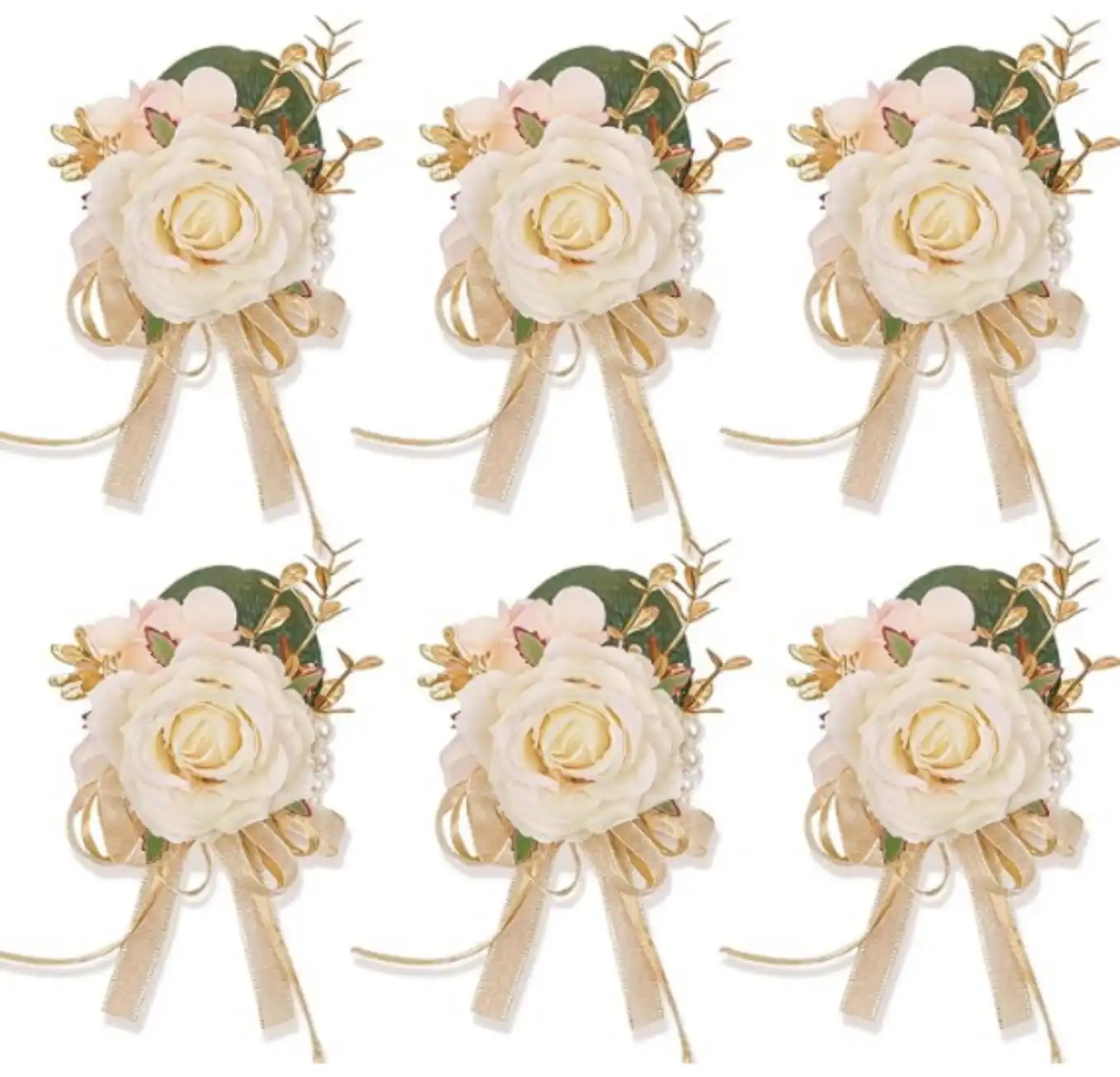 Artificial Champagne Rose Wrist Corsages Set 6Pcs for Wedding Party