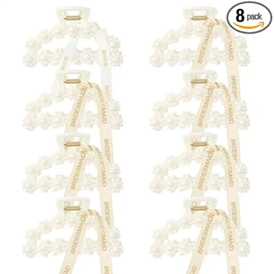 DEEKA 8 Pack Pearl Bridesmaid Hair Claw Clips with Ribbon Half Circle