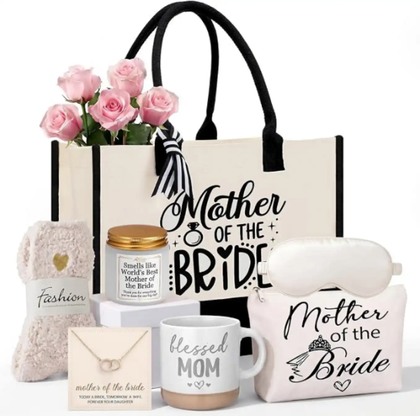 Amyhill 7 Pcs Mother of the Bride Gift Set Tote Cosmetic Bag Candle Mug Necklace