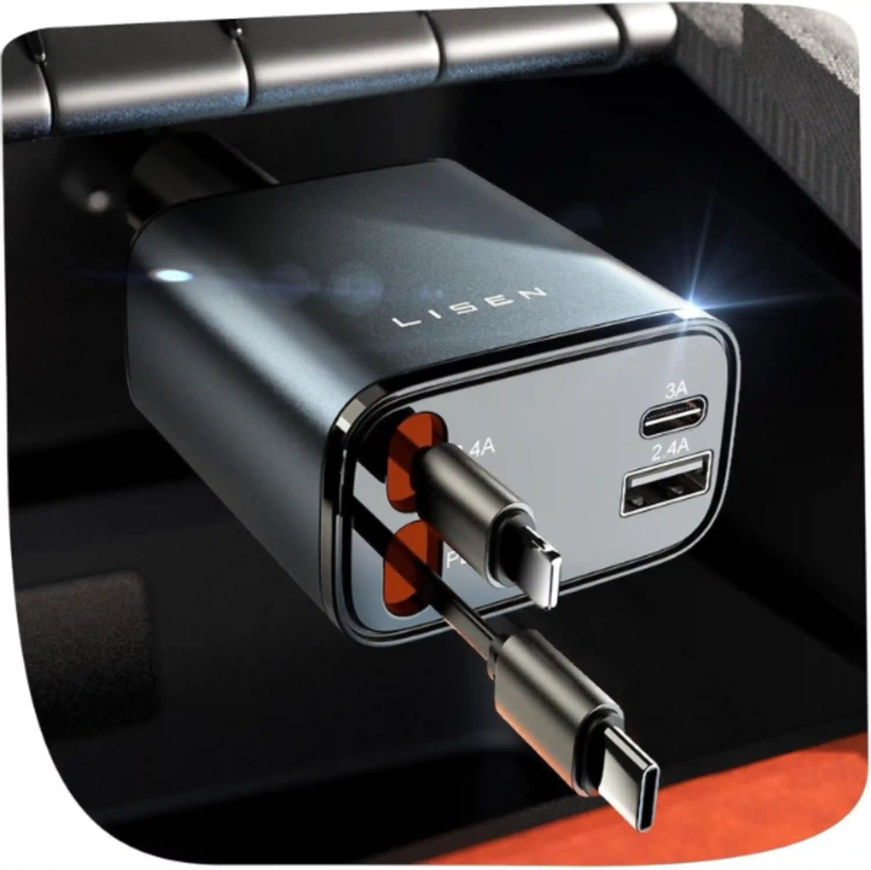 LISEN Retractable Car Charger, 84W Car Charger USB C Fast Charge, 4 in 1