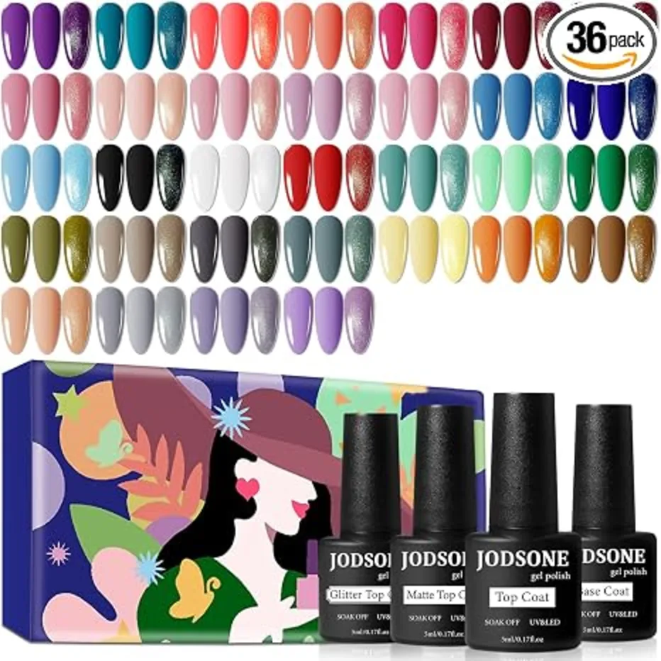 JODSONE 36 PCS Gel Nail Polish Set with 32 Colors Gel Polish Kit Base Coat Glossy Matte and Glitter Top Coat Nail Polish Set Green Blue Red Pink Collection Gifts for Women