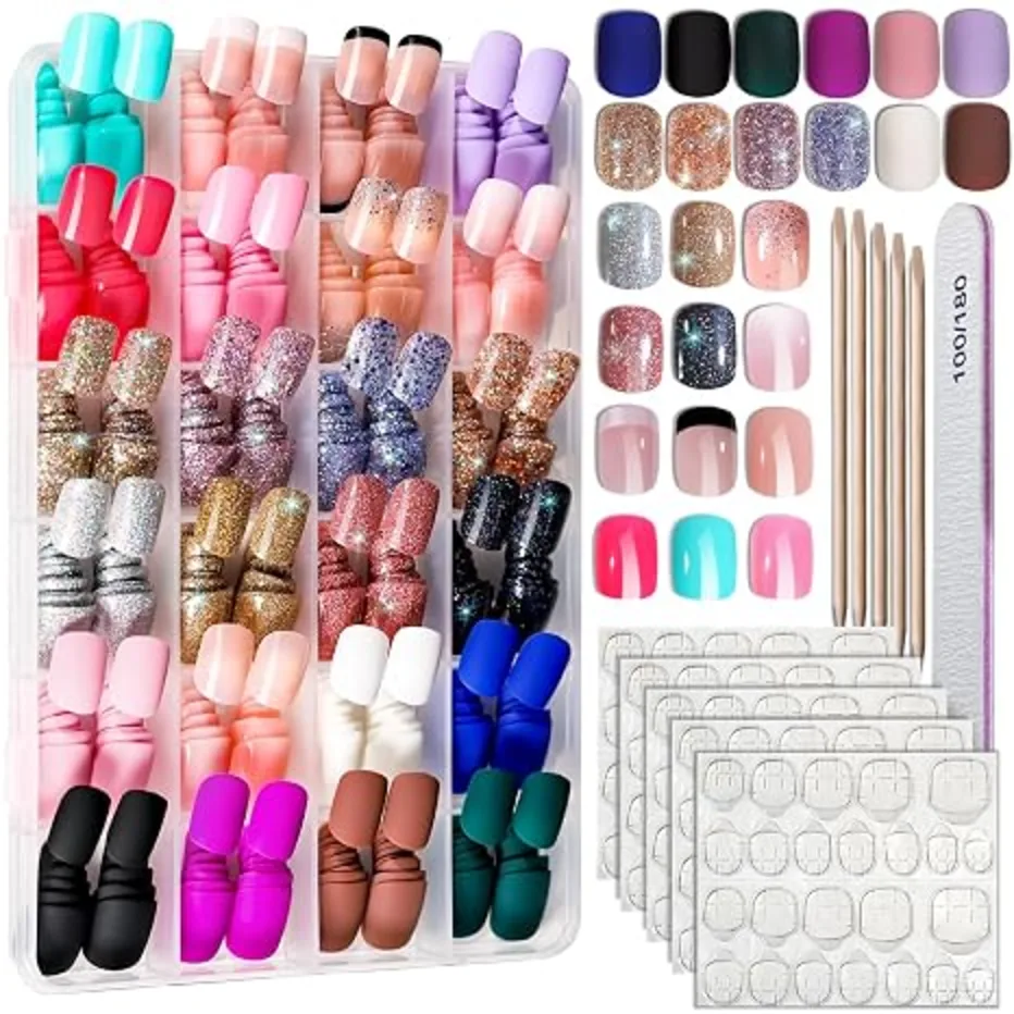 FANDAMEI Press on Nails 24 Colors 576PCS Short Square Matte Glossy Glitter Nails Short Round Natural Fit Lightweight Fake Nails for Nail Art