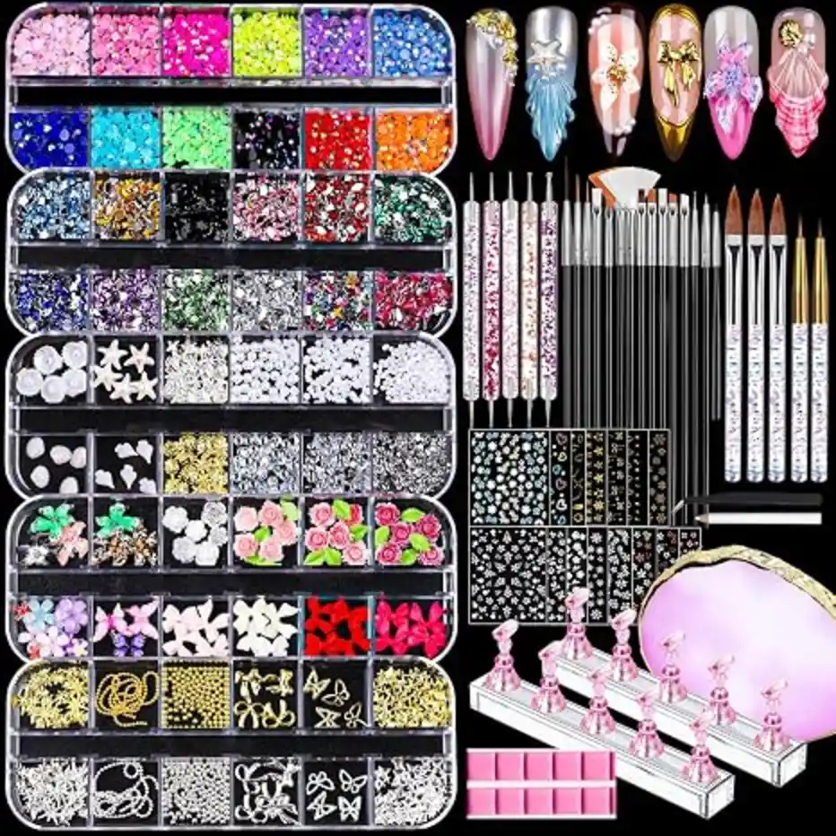 Teenitor Nail Charms and Nail Art Kit with 5 Boxes Nail Gems, 15 Pcs Nail Stickers, 20 Pcs Nail Art Brushes, 5 Pcs Dotting Tools, Palette, Stand, and Adhesive Putty