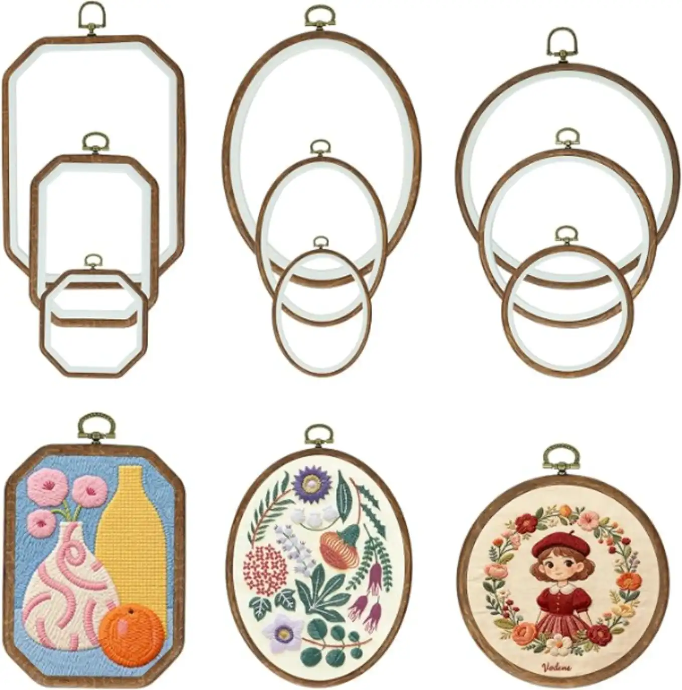 Ceblish 9 Pcs Imitated Wooden Embroidery Hoops Set Round Oval Octagonal Frames for Display and Craft Sewing