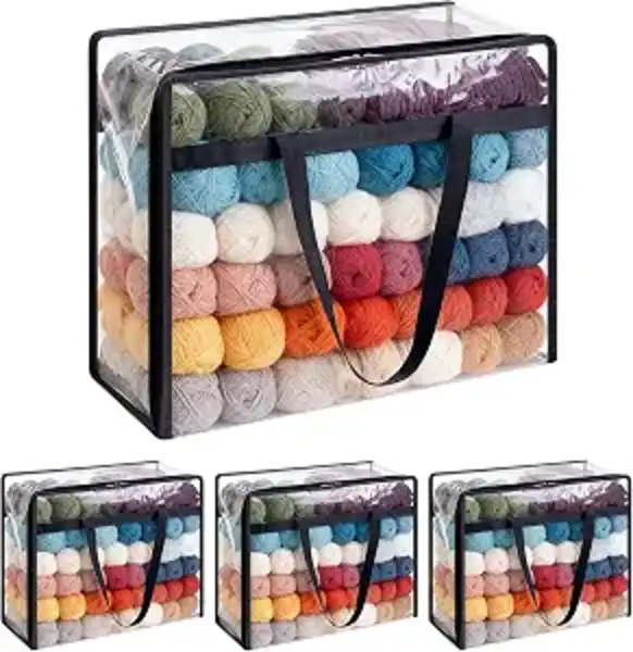 Hobekoee 4 Pack Large Clear Yarn Storage Bags Dustproof Moistureproof Organizer with Handles and Small Accessory Bag