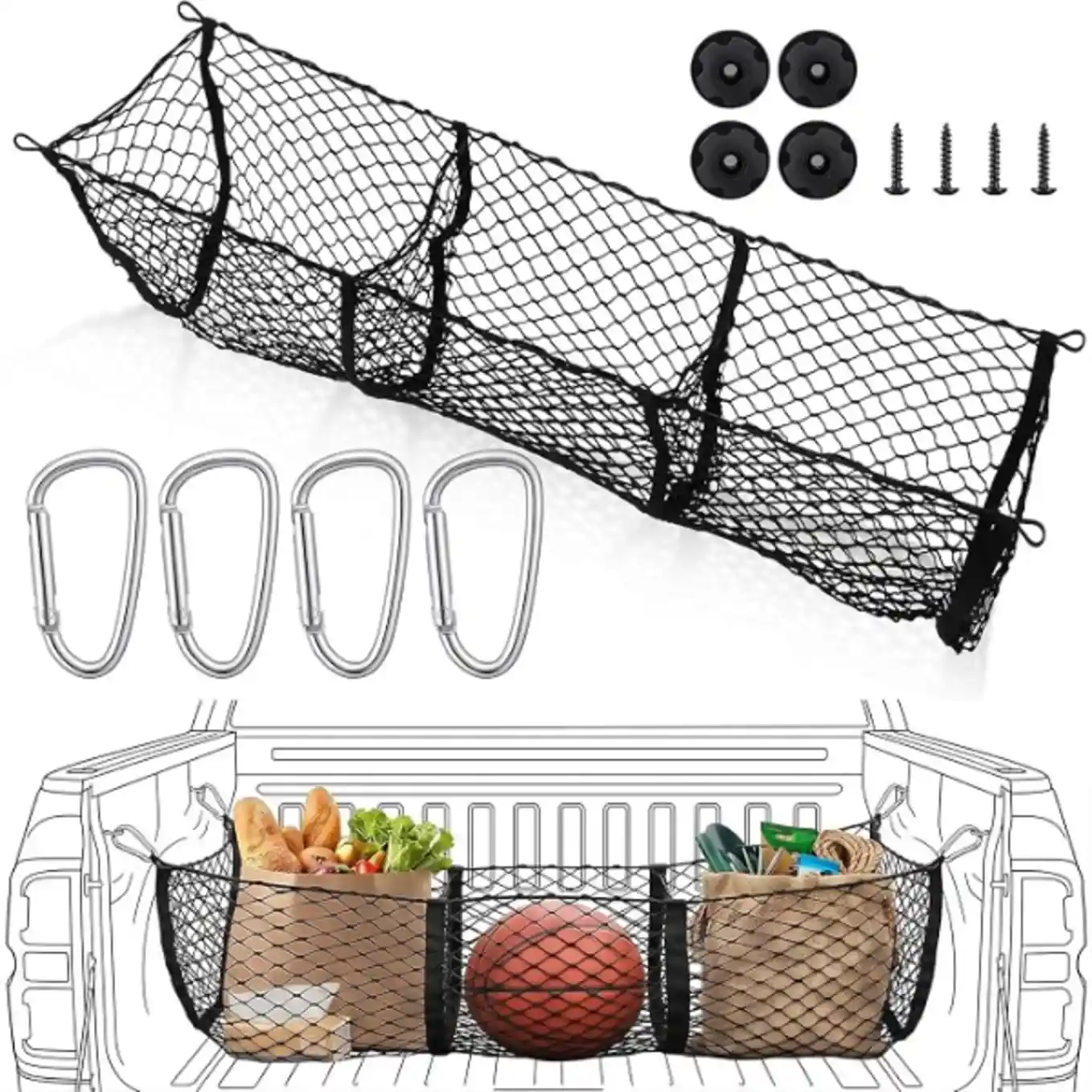 Truck Bed Cargo Net 3 Pockets Heavy Duty Elastic Mesh Organizer