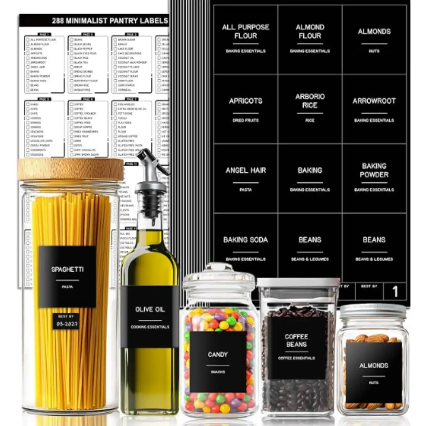 Kuocodall 288 Preprinted Black Minimalist Waterproof Pantry Labels for Food Containers