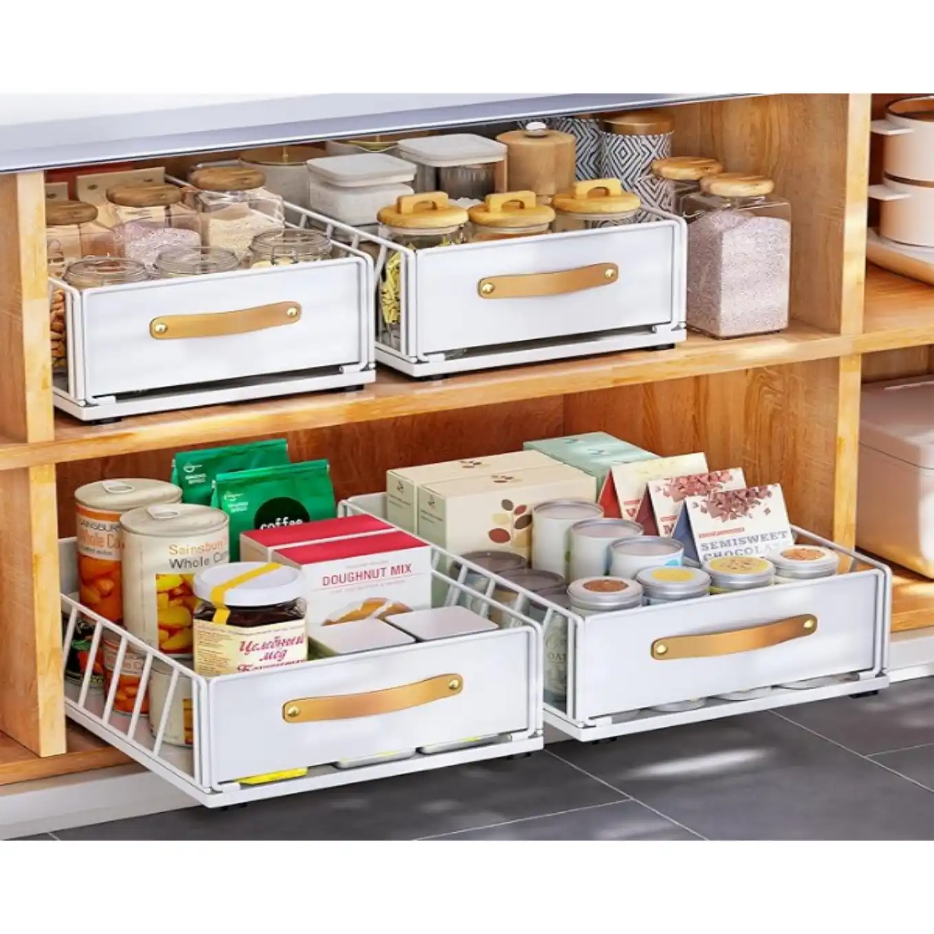 Kitstorack Heavy Duty Pull Out Cabinet Organizer White Sliding Shelf Drawer with Nano Film