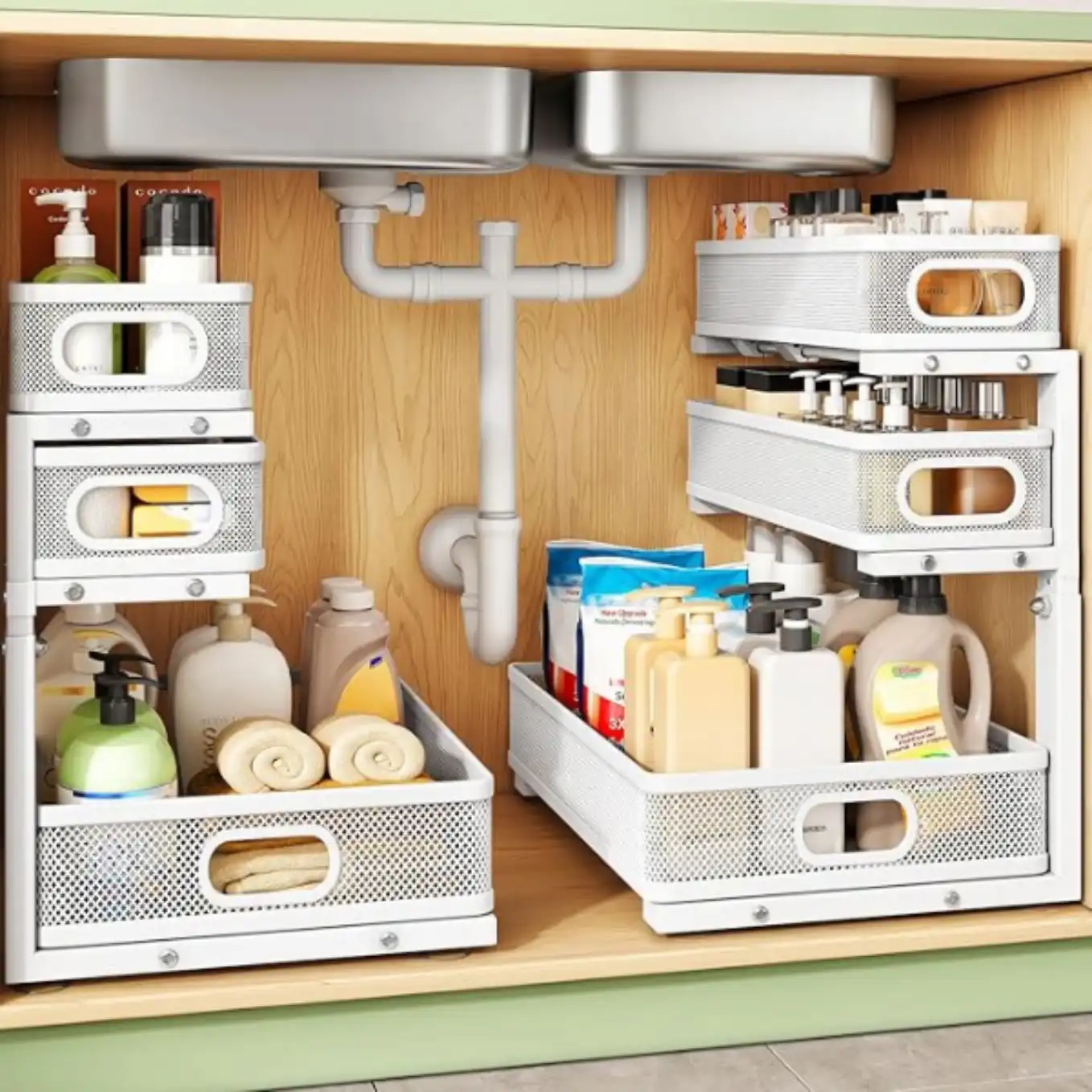 Kitstorack 2-Pack 3-Tier Height Adjustable Thickened Metal Under Sink Pull Out Cabinet Organizer