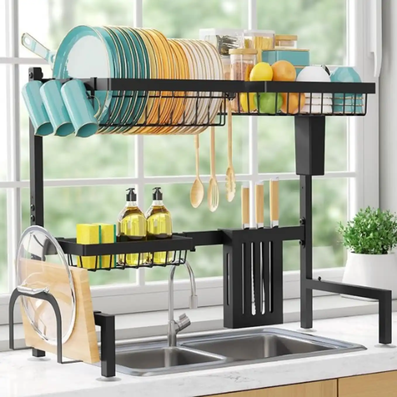 Sakugi Over The Sink Dish Drying Rack Adjustable 2 Tier Stainless Steel Drainer