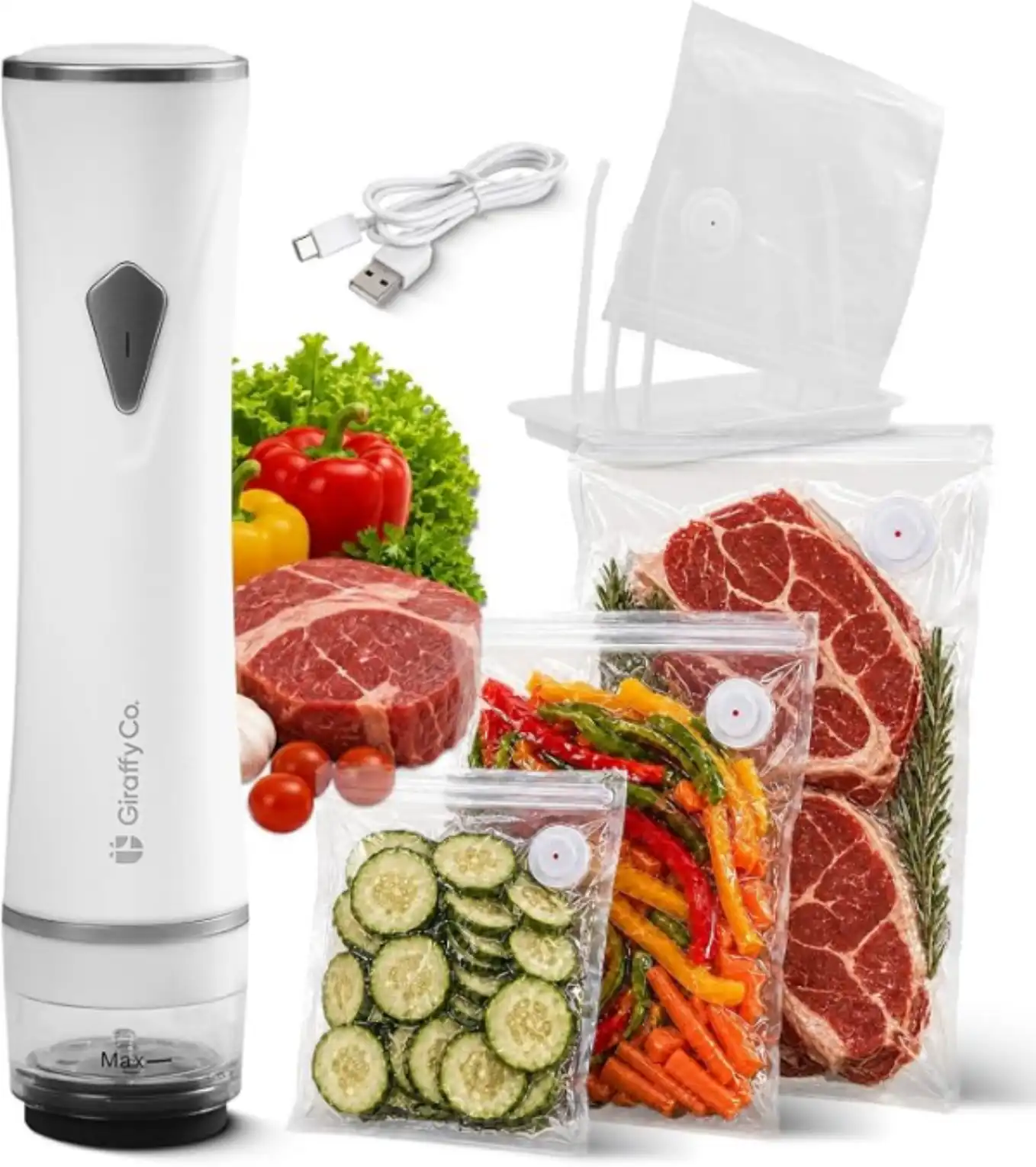 GIRAFFYCO Compact Handheld Vacuum Sealer Set with 30 Reusable Bags and Foldable Drying Rack