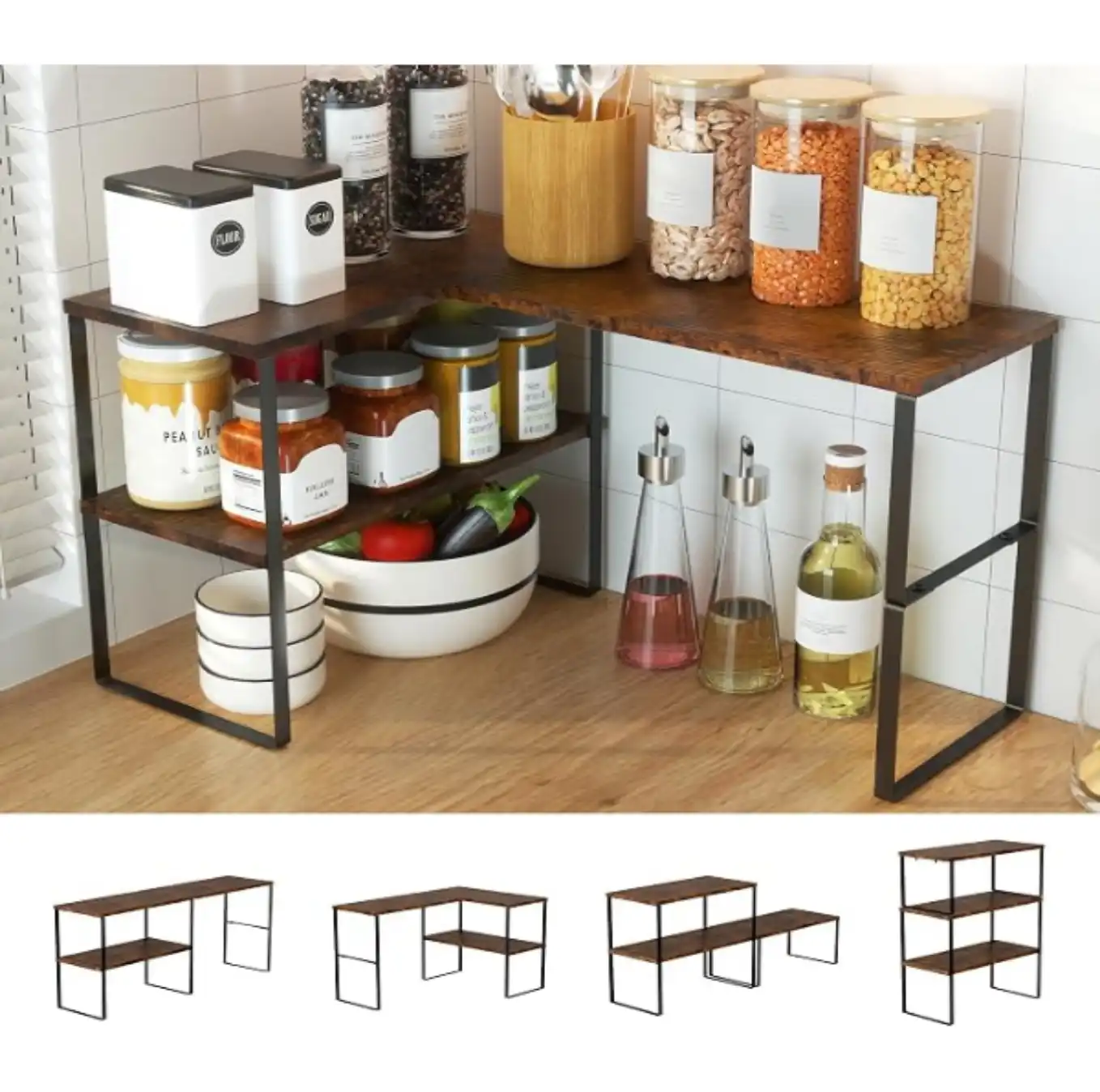 Golener Kitchen Counter Organizer 2 Tier Adjustable Corner Shelf Rustic Brown Countertop Spice Rack