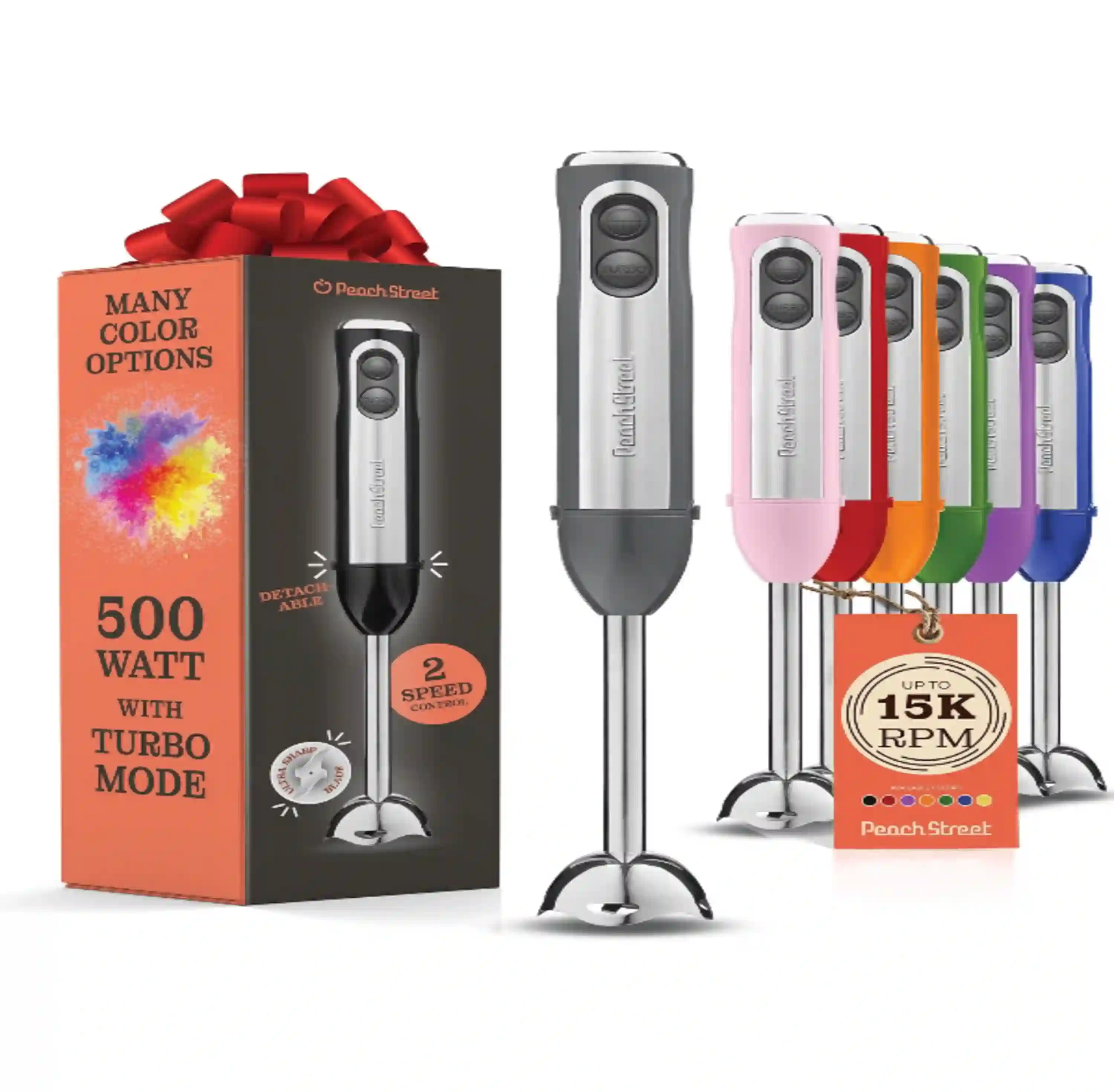 Peach Street 500W Electric Immersion Hand Blender with Turbo Mode 304 Stainless Steel Blades Grey