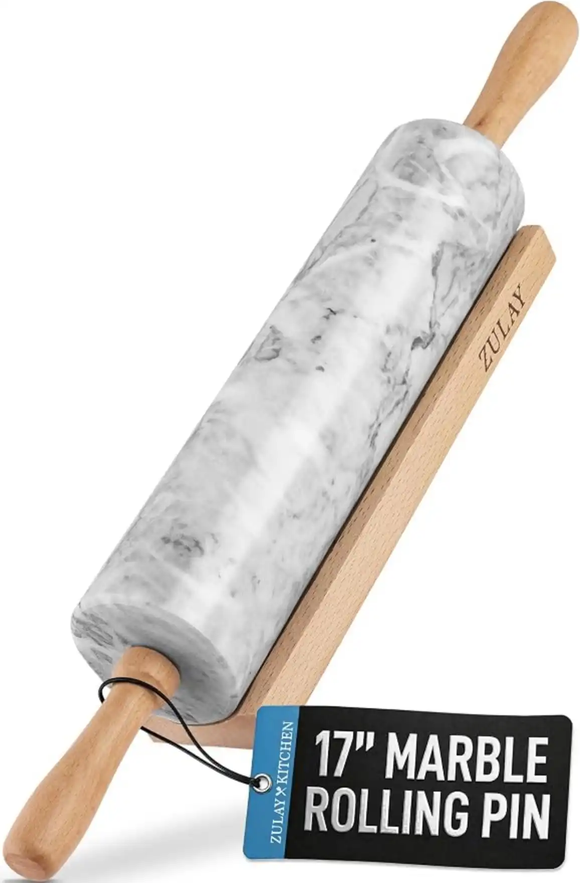Zulay Kitchen 17 Inch Marble Rolling Pin with Wooden Stand and Beechwood Handles