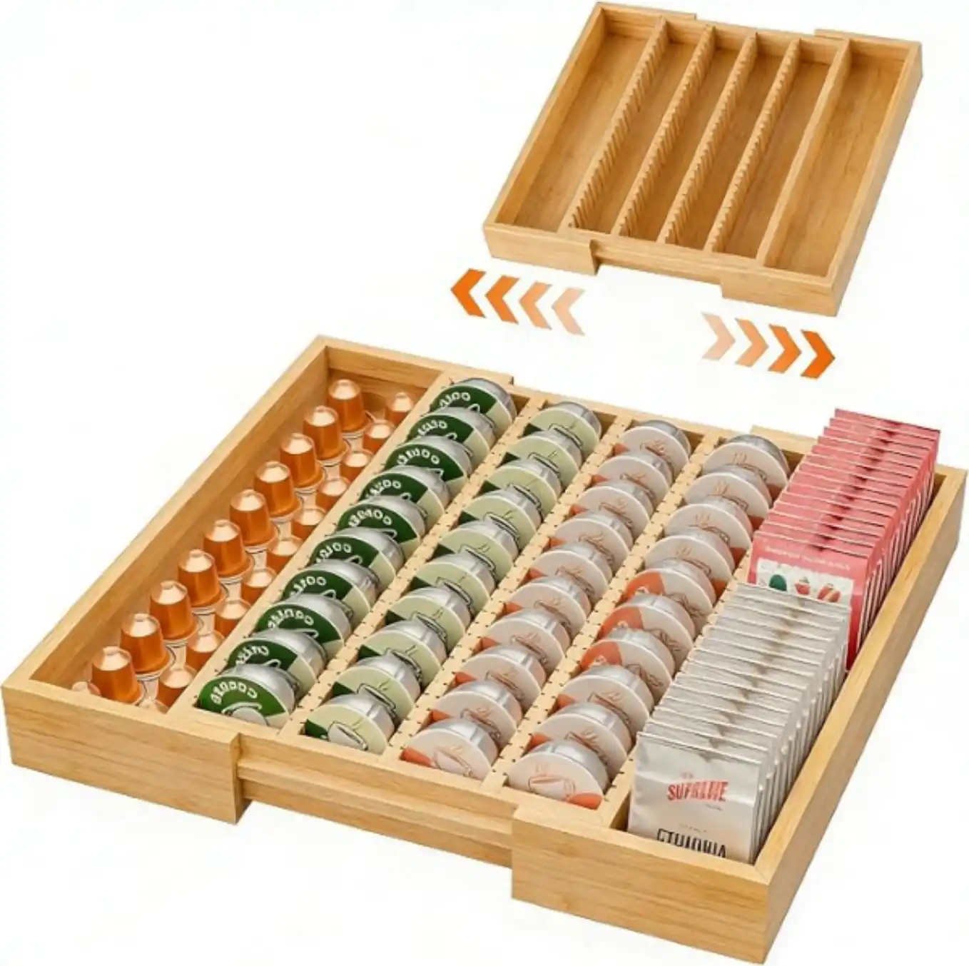 Simple Trending Expandable Bamboo Coffee Pod Holder Drawer Organizer