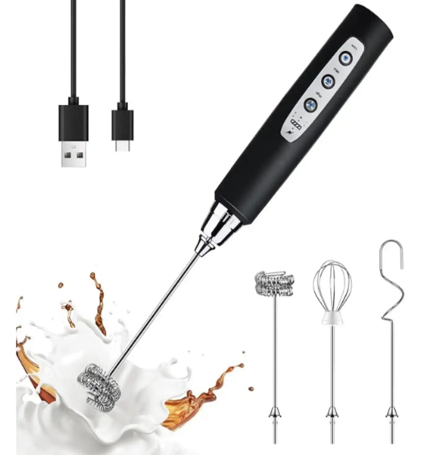YUSWKO Rechargeable Handheld Milk Frother Wand with Three Whisk Heads