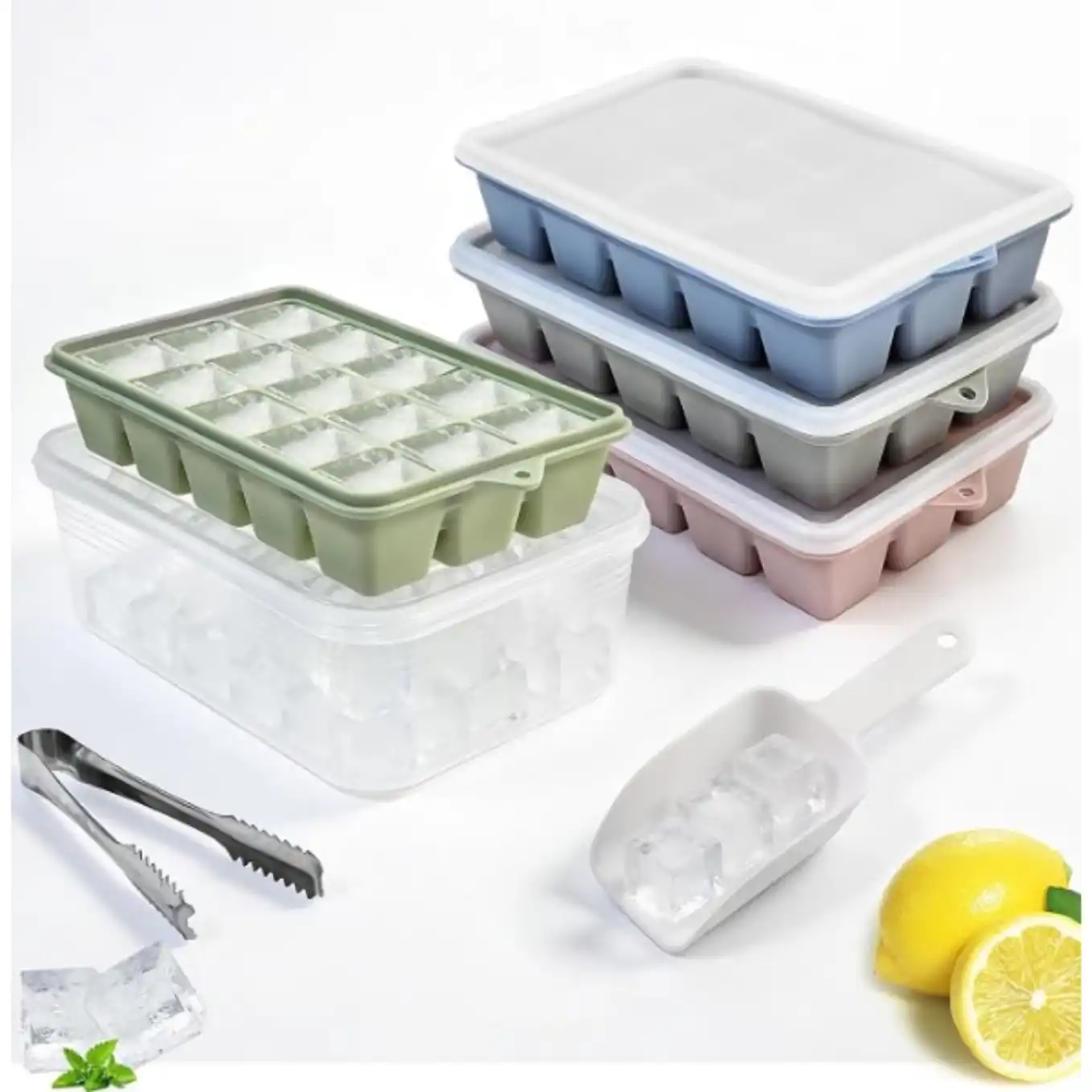 YUZOFINE Silicone Ice Cube Trays Four Pack Set with Storage Bin Lid Scoop Tongs