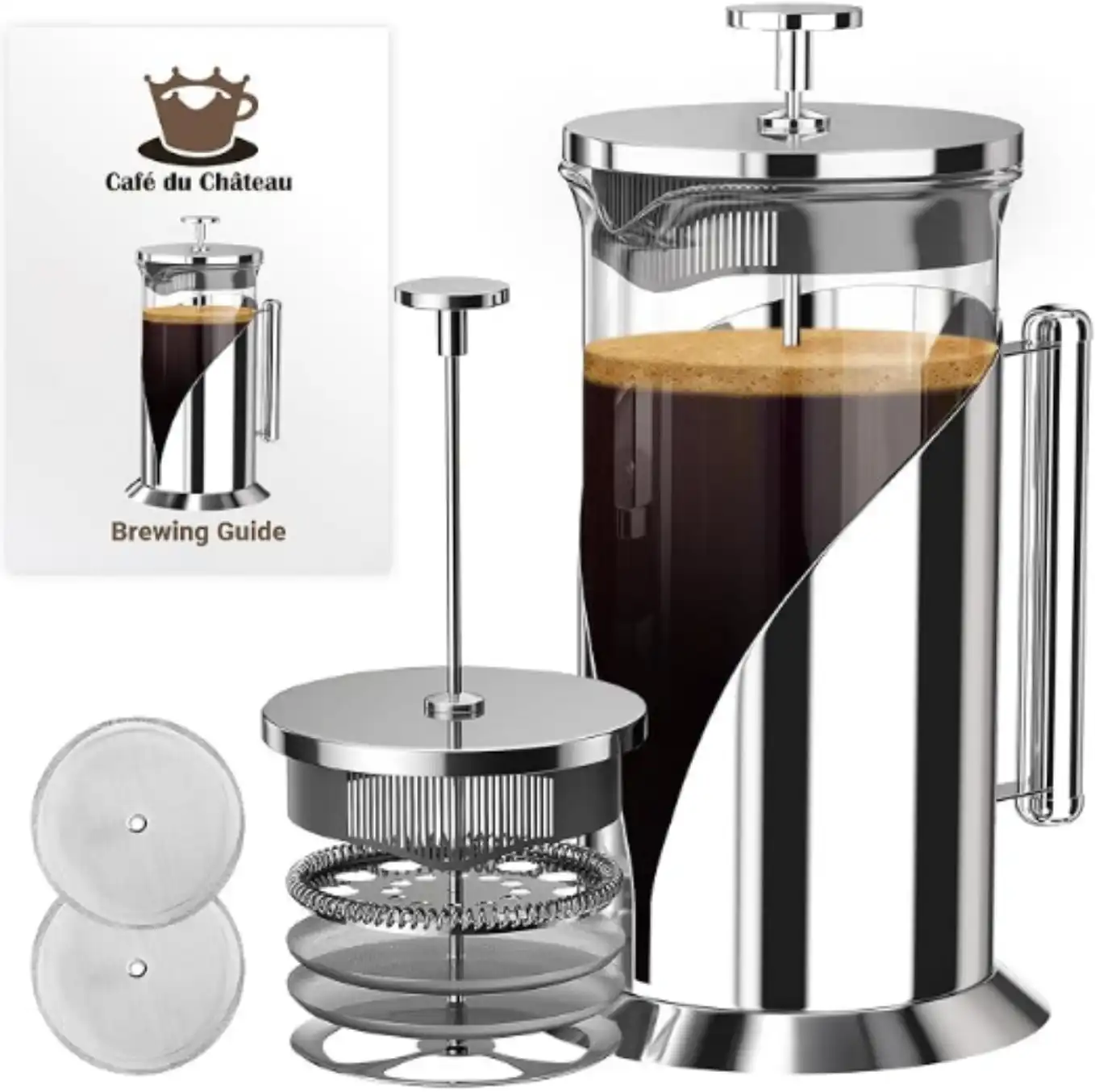Cafe Du Chateau French Press Coffee Maker 34 oz Glass Stainless Steel Brewer