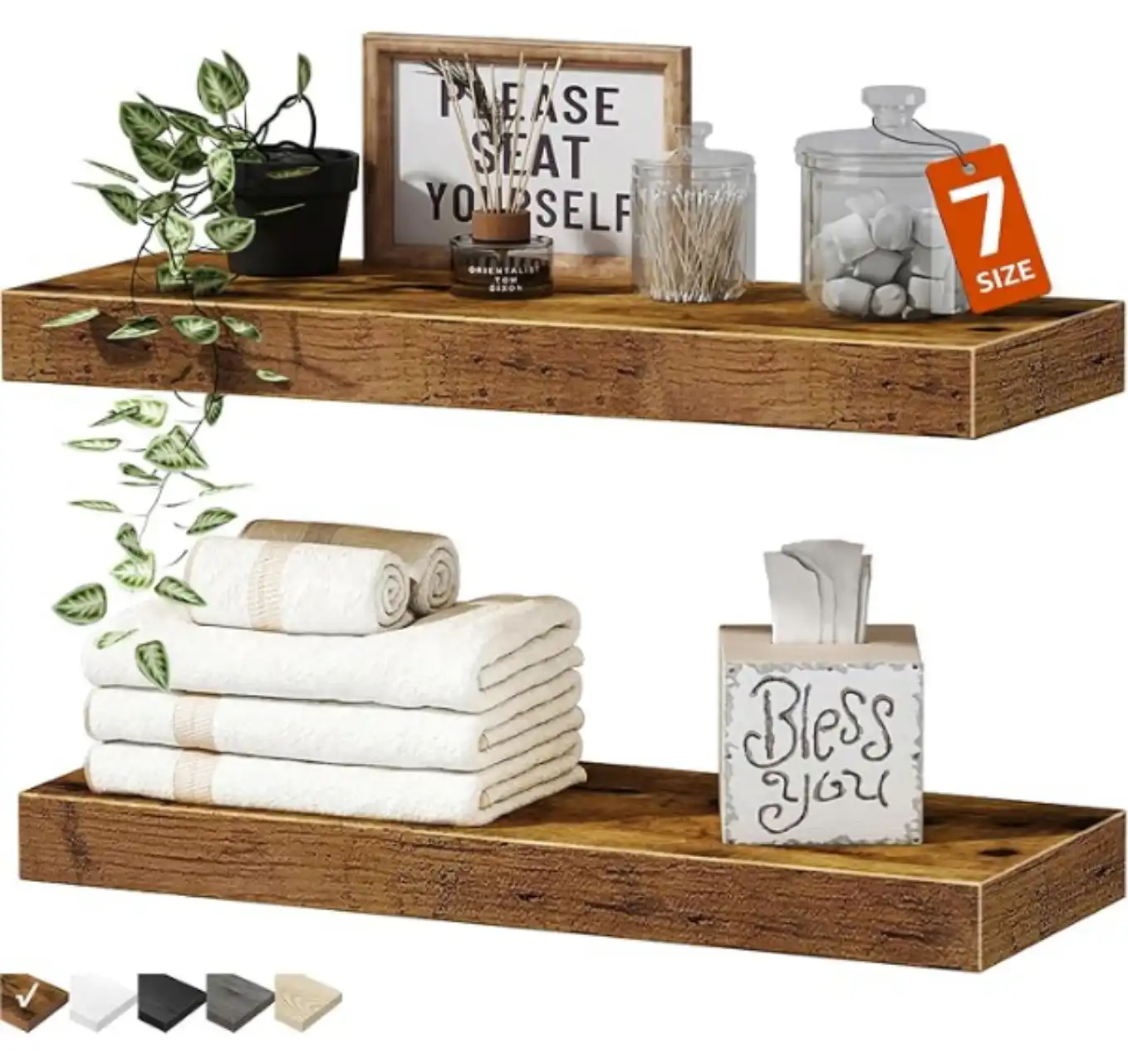 QEEIG Bathroom Floating Shelves Set of 2 Wall Mounted Rustic Wood Storage