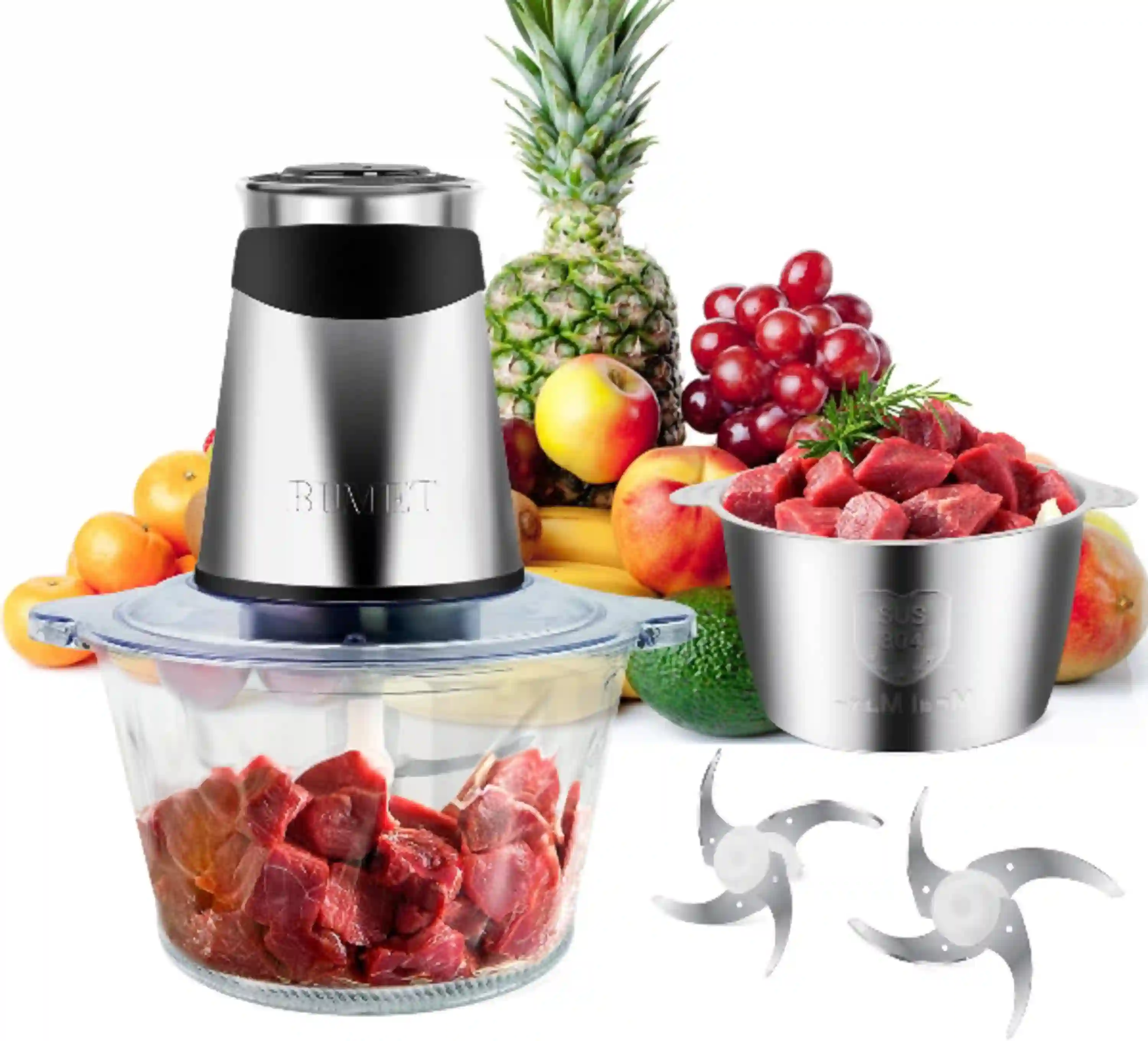 BUMET 500W Meat Grinder 2x8-Cup Bowls 2 Blades Food Chopper