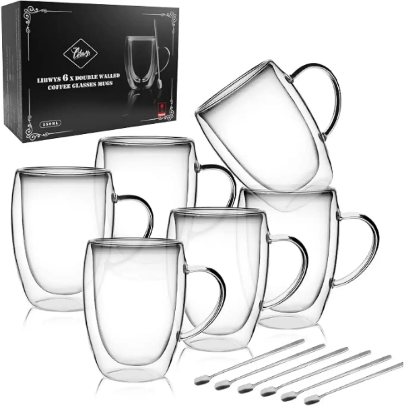 LIBWYS 6 Pack Double Walled Coffee Cups Glasses Mug 12oz