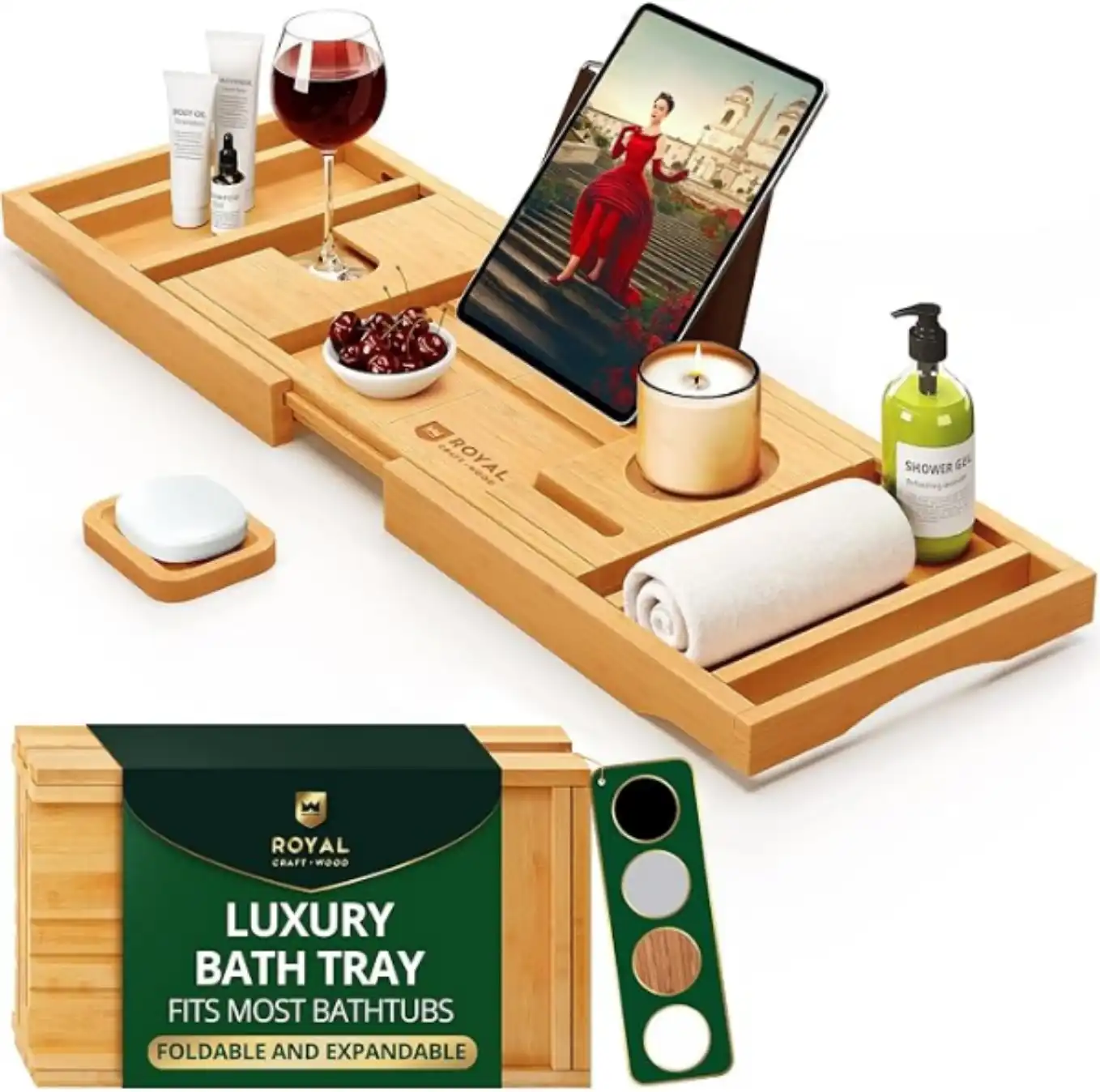 ROYAL CRAFT WOOD Premium Foldable Bathtub Tray Caddy Expandable Bamboo Shelf