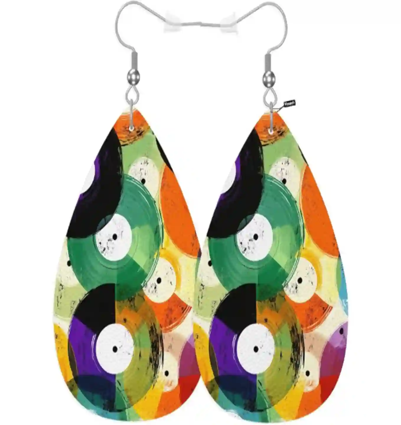 Retro Watercolor Colorful Music Record Graffiti Fashion Leather Teardrop Earrings for Women