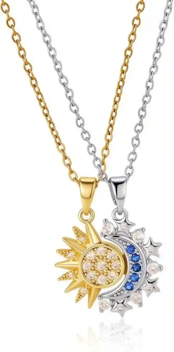 14K Gold Plated Sun and Moon Pendant Necklace Set for Best Friends Celestial Jewelry Gift