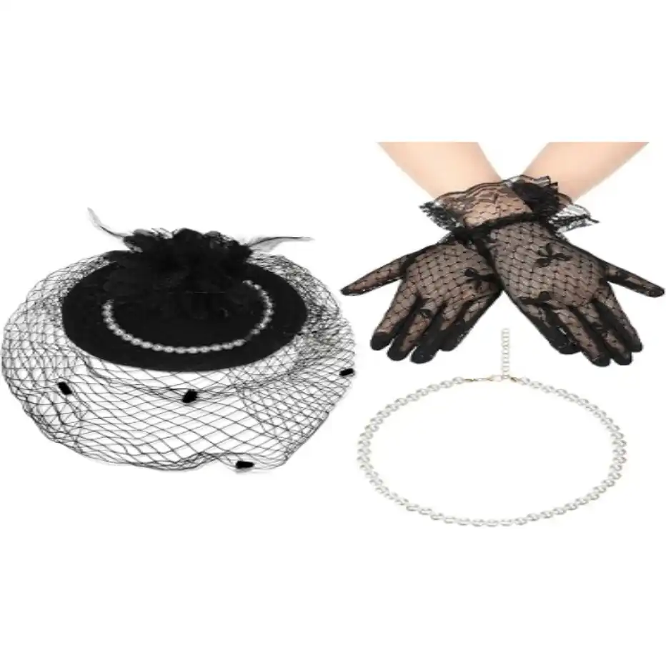 Hicarer Three Piece Fascinator Hat Set with Mesh Veil Lace Gloves Pearl Necklace