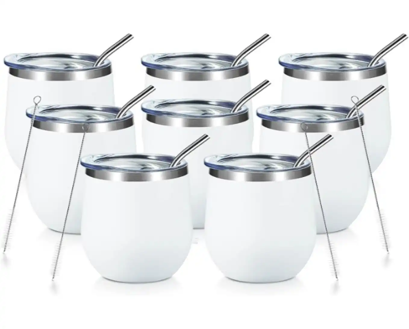 COMOOO 12oz Insulated Stainless Steel Wine Tumbler Set of 8 White Stemless Glasses with Lids and Straws