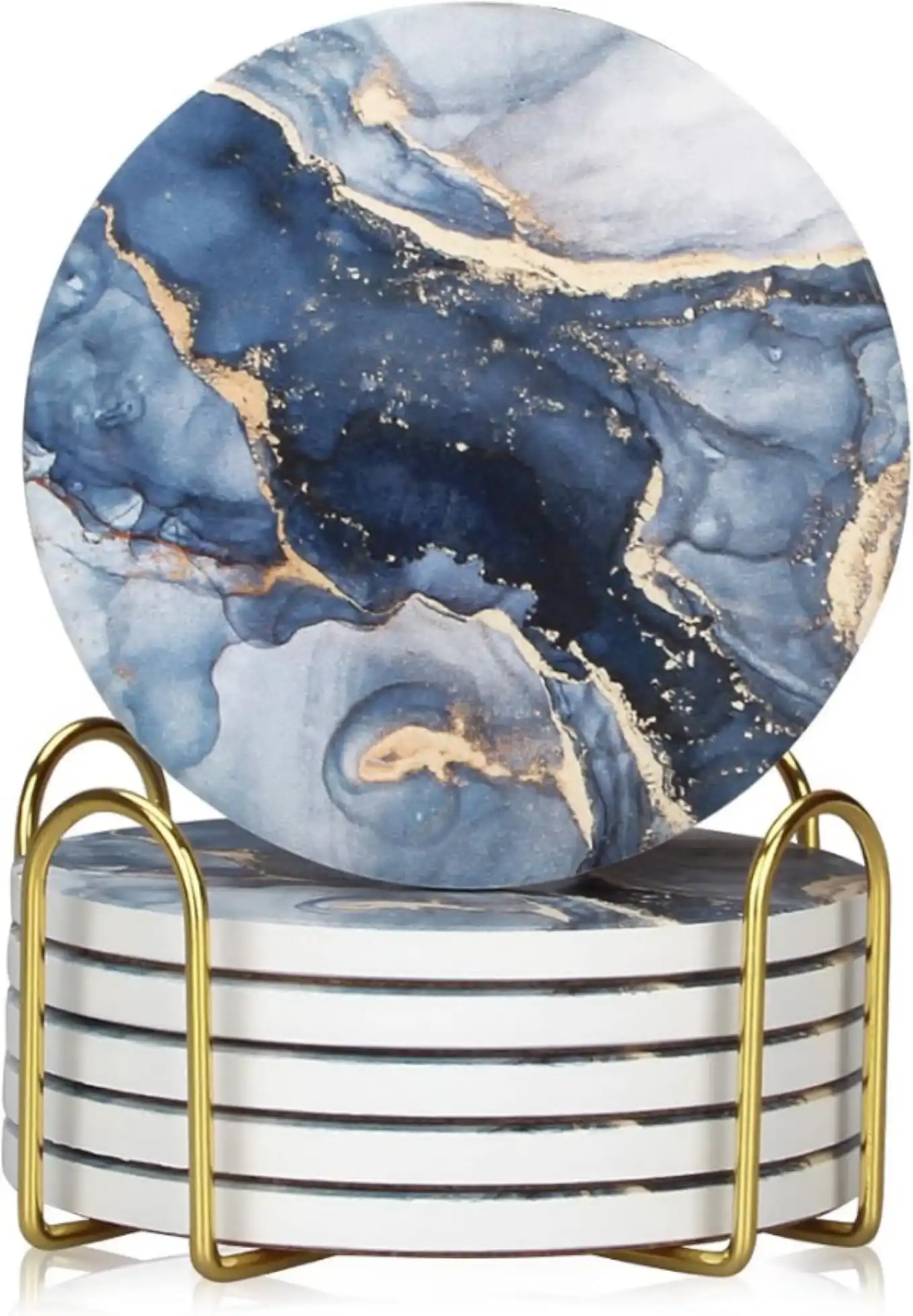 Dksyee Navy Blue Marble Abstract Ceramic Coasters Set of 6 with Gold Holder