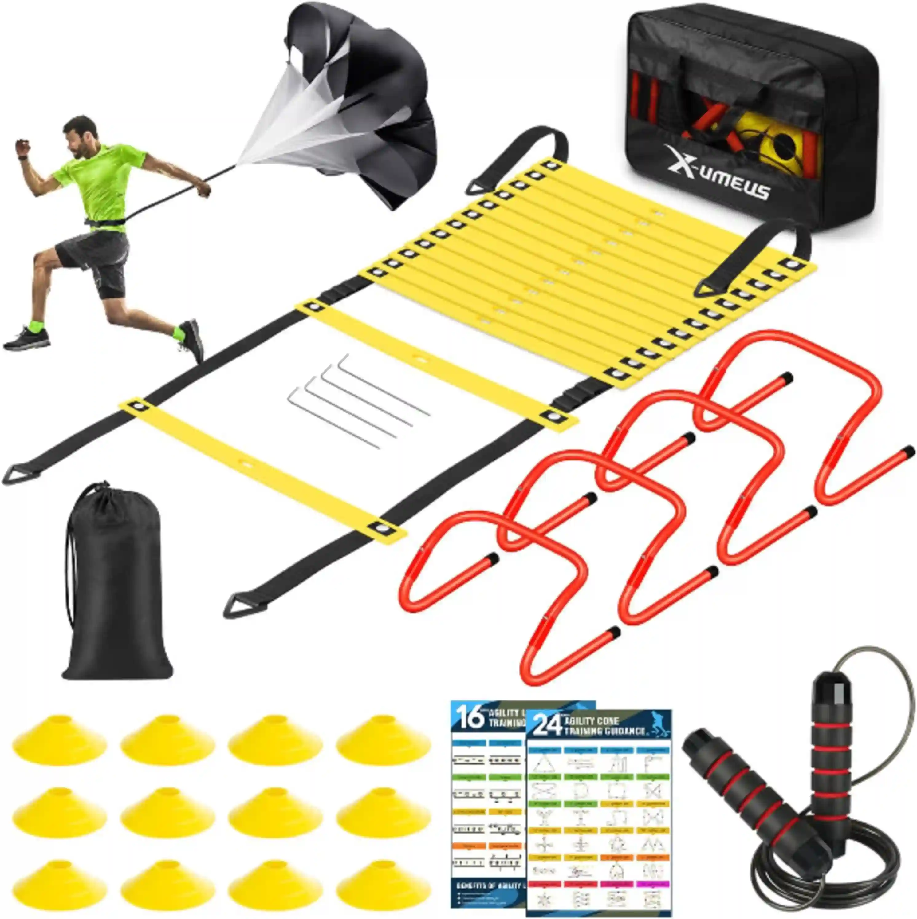 X-UMEUS Agility Ladder Speed Training Equipment Set with Cones Hurdles Parachute Jump Rope