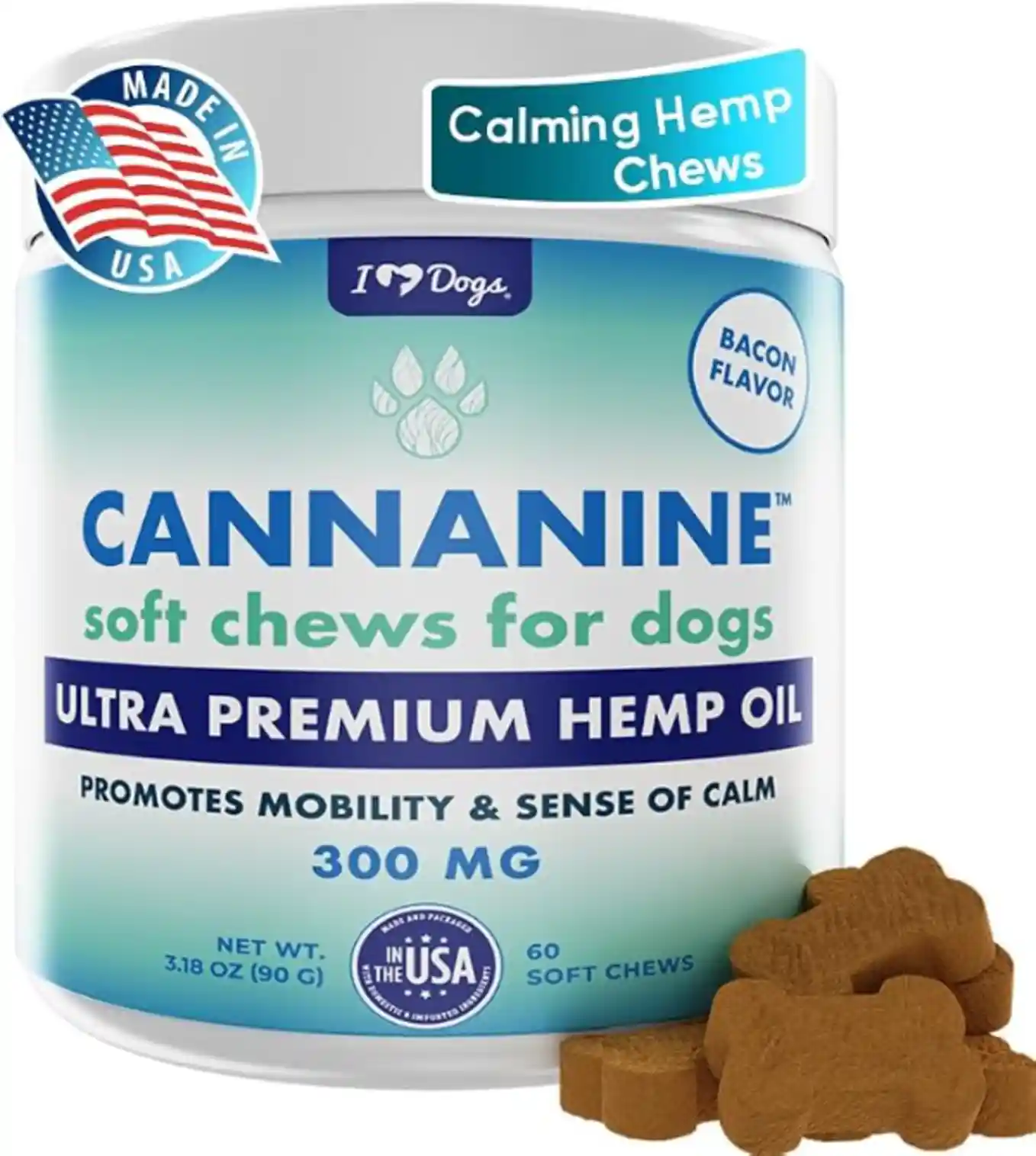 iHeartDogs Hemp Calming & Mobility Chews for Dogs Bacon Flavor