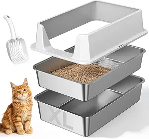 Stainless Steel Sifting Cat Litter Box for Pine Pellets Light Gray