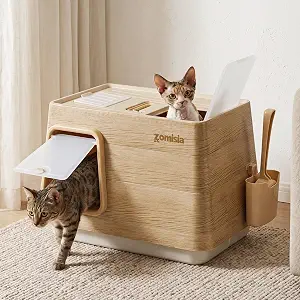 ZOMISIA Stainless Steel Cat Litter Box Extra Large Covered Box with Lid, Scoop, Odor Control Filter (Light Wood Grain)
