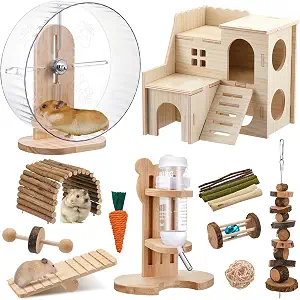 18 Pcs Hamster Cage Accessories & Toy Set – Silent Wheel, Wooden Maze House, & Water Bottle Set