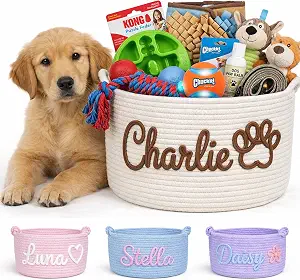 MBBEST Personalized Dog Toy Basket with Name (Custom Cotton Rope Storage Bin)