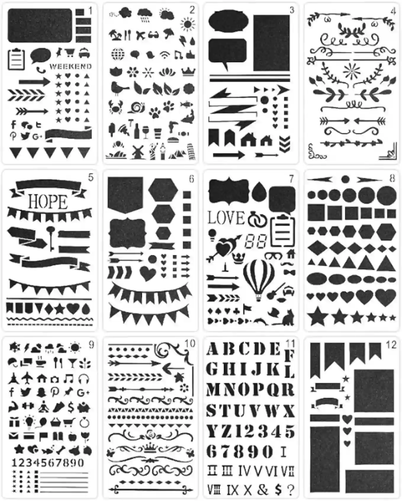 Mr. Pen Journal Stencils 12 Pack Reusable Plastic Planner Templates for Bullet Journaling and DIY Crafts